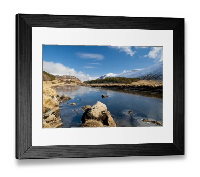 Framed Print : View of river flowing through valley with snow covered mountains, River Findhorn, Findhorn Valley Framed Print : View of river flowing through valley with snow covered mountains, River Findhorn, Findhorn Valley