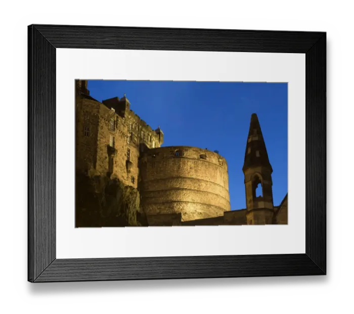 Framed Print : Castle and church illuminated at night, looking from Grassmarket, Half Moon Battery and Palace Block, Edinburgh Castle Framed Print : Castle and church illuminated at night, looking from Grassmarket, Half Moon Battery and Palace Block, Edinburgh Castle