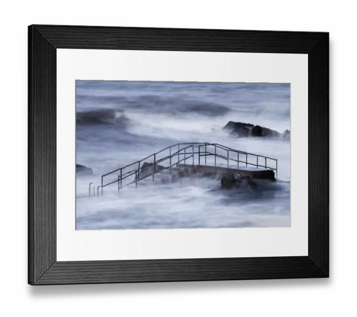 Framed Print : Steps of tidal swimming pool above breaking waves during incoming tide on windy morning, Bude Sea Pool, Summerleaze Framed Print : Steps of tidal swimming pool above breaking waves during incoming tide on windy morning, Bude Sea Pool, Summerleaze