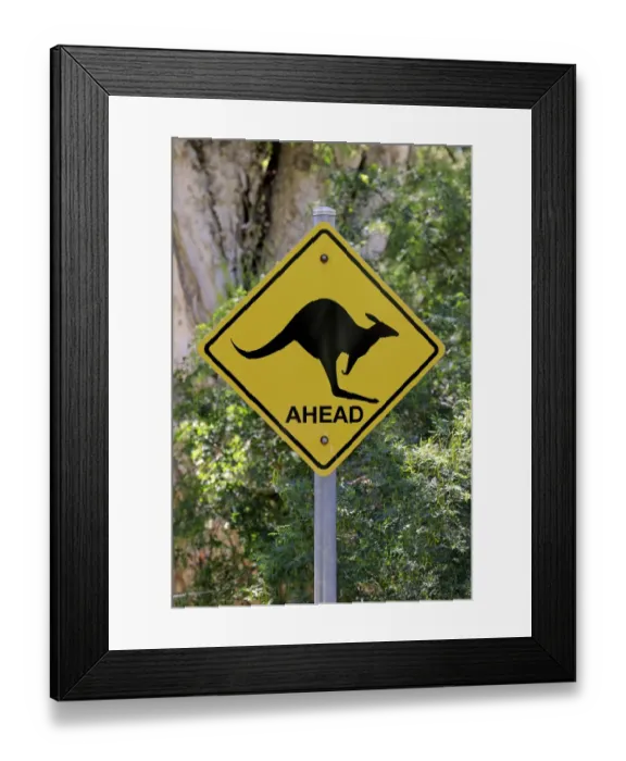 Framed Print : Kangaroo crossing road sign, Wilsons Promontory N. P. Victoria, Australia, November