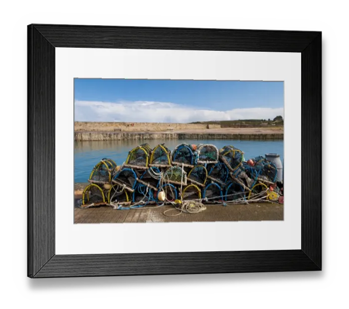 Framed Print : Pile of lobster pots stacked on quayside, Hopeman Harbour, Morayshire, Scotland, March Framed Print : Pile of lobster pots stacked on quayside, Hopeman Harbour, Morayshire, Scotland, March