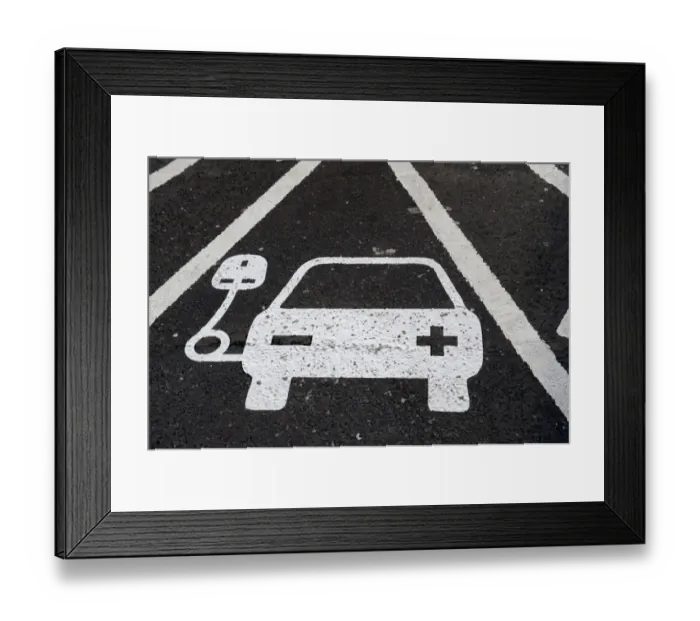 Framed Print : Reserved parking bay at recharging point for electric cars at motorway service area, England, April Framed Print : Reserved parking bay at recharging point for electric cars at motorway service area, England, April