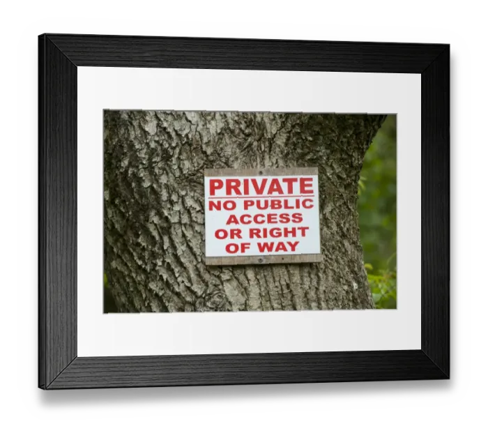 Framed Print : Private, No Public Access of Right of Way sign on tree trunk in woodland, Cumbria, England, May Framed Print : Private, No Public Access of Right of Way sign on tree trunk in woodland, Cumbria, England, May