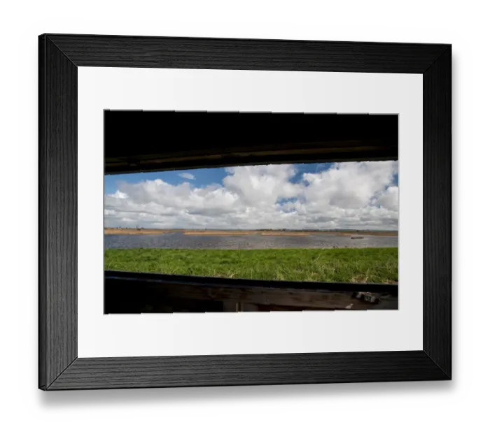Framed Print : View of lagoon and reedbed habitat through hide window, Blacktoft Sands RSPB Reserve, East Yorkshire, England, April Framed Print : View of lagoon and reedbed habitat through hide window, Blacktoft Sands RSPB Reserve, East Yorkshire, England, April