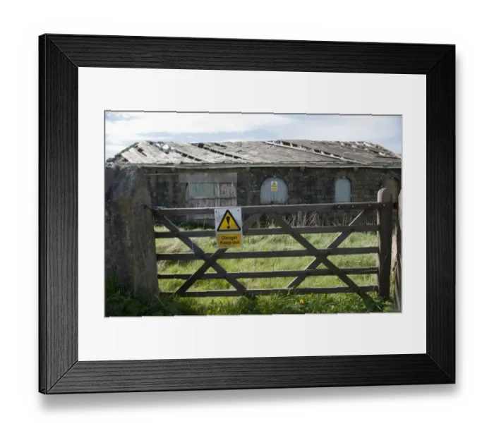 Framed Print : Danger, Keep out sign on gate and derelict farm building, Lancashire, England, April Framed Print : Danger, Keep out sign on gate and derelict farm building, Lancashire, England, April