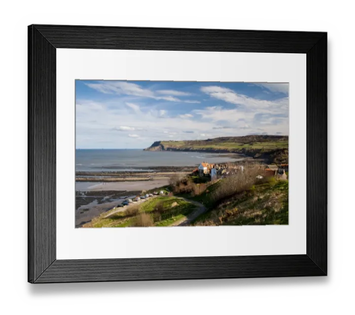 Framed Print : View of coastline and fishing village, looking from North Cliffs looking towards Ravenscar, Robin Hoods Bay Framed Print : View of coastline and fishing village, looking from North Cliffs looking towards Ravenscar, Robin Hoods Bay