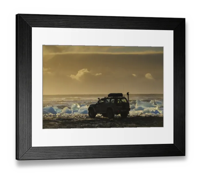 Framed Print : Nissan Patrol 4x4 tour guide vehicle at edge of glacial ice in lake at dusk, Jokulsarlon Lagoon, Vatnajokull Glacier Framed Print : Nissan Patrol 4x4 tour guide vehicle at edge of glacial ice in lake at dusk, Jokulsarlon Lagoon, Vatnajokull Glacier