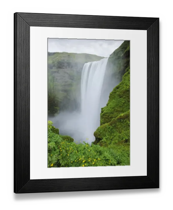 Framed Print : View of waterfall flowing over cliff, Skogafoss, Skoga River, Iceland, July Framed Print : View of waterfall flowing over cliff, Skogafoss, Skoga River, Iceland, July