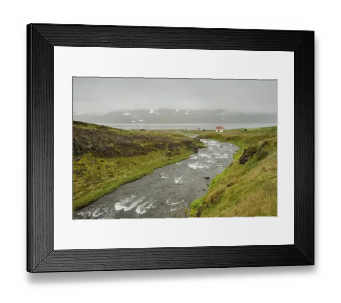 Framed Print : View of river and coastline with low cloud, Hornstrandir, Westfjords, Iceland, July Framed Print : View of river and coastline with low cloud, Hornstrandir, Westfjords, Iceland, July