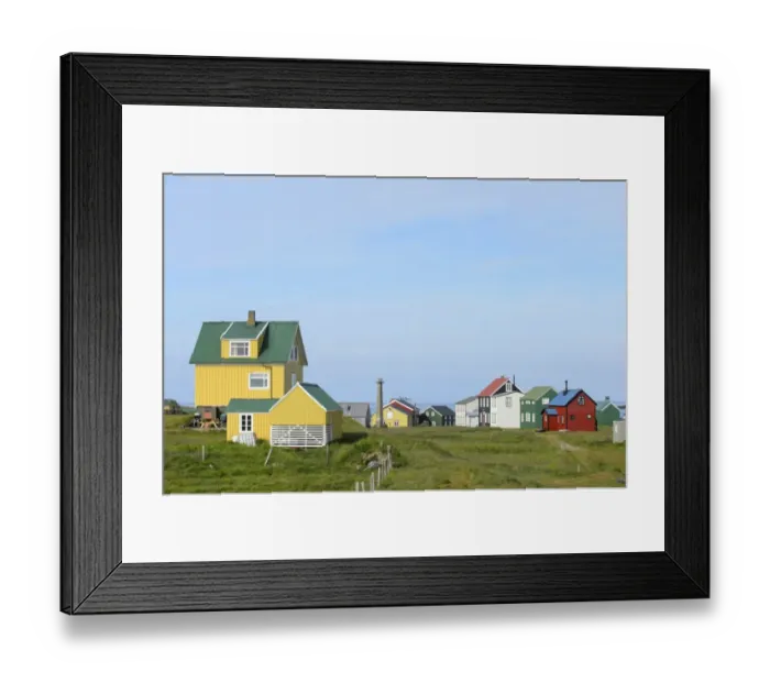 Framed Print : View of houses in coastal settlement, Flatey Island, Iceland, July Framed Print : View of houses in coastal settlement, Flatey Island, Iceland, July