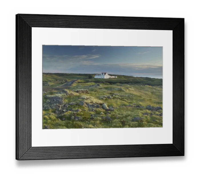 Framed Print : View of coastal tundra and buildings, Hafnarfjordur, Iceland, August Framed Print : View of coastal tundra and buildings, Hafnarfjordur, Iceland, August