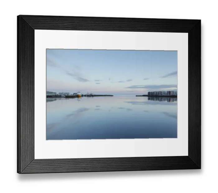 Framed Print : View of harbour with calm water at sunrise, Hafnarfjordur, Iceland, August Framed Print : View of harbour with calm water at sunrise, Hafnarfjordur, Iceland, August