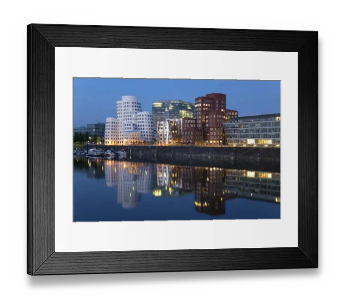 Framed Print : Modern architecture on redeveloped waterfront at night, Neuer Zollhof, Media Harbour, Dusseldorf Framed Print : Modern architecture on redeveloped waterfront at night, Neuer Zollhof, Media Harbour, Dusseldorf