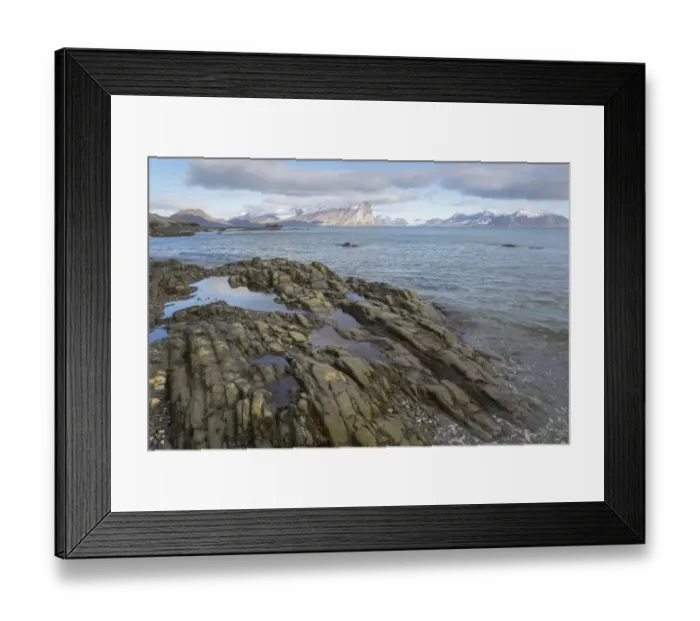Framed Print : View of rocky fjord coastline with distant mountains, Hornsund, Spitsbergen, Svalbard, August Framed Print : View of rocky fjord coastline with distant mountains, Hornsund, Spitsbergen, Svalbard, August