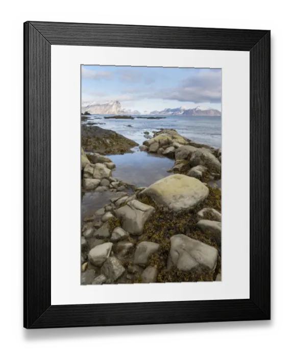 Framed Print : View of rocky fjord coastline with distant mountains, Hornsund, Spitsbergen, Svalbard, August Framed Print : View of rocky fjord coastline with distant mountains, Hornsund, Spitsbergen, Svalbard, August