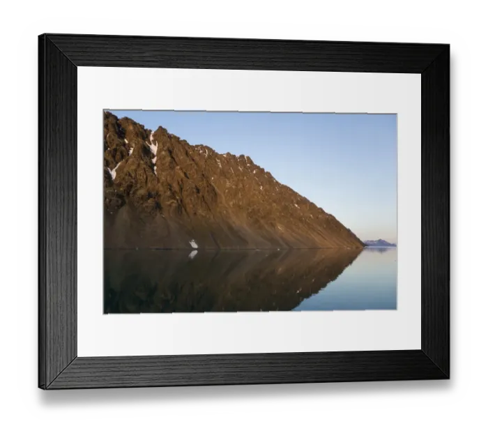 Framed Print : View of coastal mountains in fjord at dusk, Krossfjorden, Spitsbergen, Svalbard, August