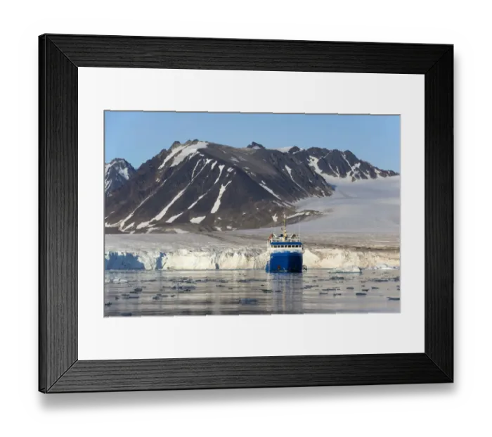 Framed Print : View of coastal glacier terminus and mountains with MS Quest icebreaker cruise ship, Lilliehookbreen, Spitsbergen Framed Print : View of coastal glacier terminus and mountains with MS Quest icebreaker cruise ship, Lilliehookbreen, Spitsbergen