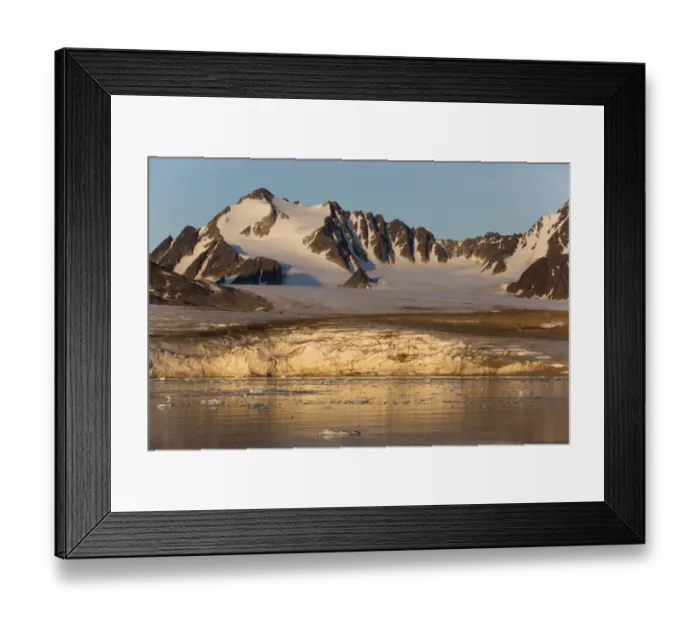 Framed Print : View of coastal glacier terminus and mountains in evening light, Krossfjorden, Spitsbergen, Svalbard, August Framed Print : View of coastal glacier terminus and mountains in evening light, Krossfjorden, Spitsbergen, Svalbard, August