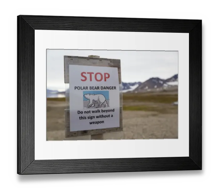 Framed Print : Polar Bear (Ursus maritimus) warning sign, Stop, Polar Bear Danger, Do not walk beyond this sign without a weapon Framed Print : Polar Bear (Ursus maritimus) warning sign, Stop, Polar Bear Danger, Do not walk beyond this sign without a weapon
