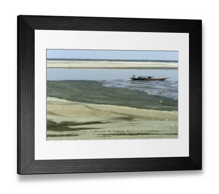 Framed Print : View of riverbank and river with low water levels, with stranded boat, River Brahmaputra, Kaziranga N. P