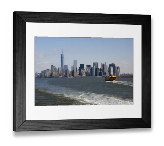 Framed Print : View of ferry on river and city skyline with One World Trade Center skyscraper, Hudson River, Lower Manhattan Framed Print : View of ferry on river and city skyline with One World Trade Center skyscraper, Hudson River, Lower Manhattan