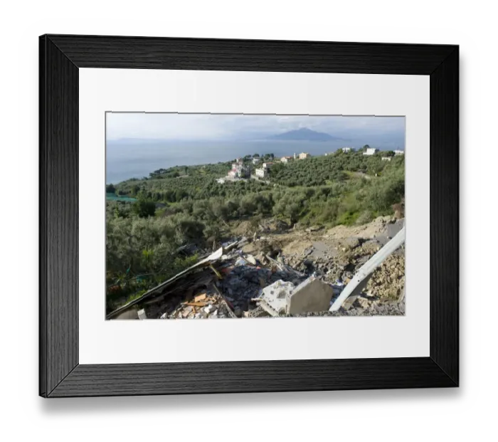 Framed Print : Flood damaged coastal road through olive groves and farmland, which has collapsed after heavy rain on the Bay of Naples Framed Print : Flood damaged coastal road through olive groves and farmland, which has collapsed after heavy rain on the Bay of Naples