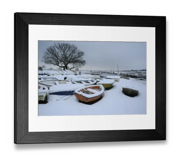 Framed Print : Snow covered boats moored at edge of mudflats, Holbrook Creek, River Stour, Stour Estuary, Lower Holbrook Framed Print : Snow covered boats moored at edge of mudflats, Holbrook Creek, River Stour, Stour Estuary, Lower Holbrook
