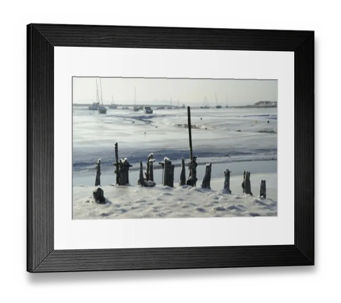 Framed Print : View of mudflats and saltmarsh covered with ice, with old landing stage and sailing boats in distance, Holbrook Creek Framed Print : View of mudflats and saltmarsh covered with ice, with old landing stage and sailing boats in distance, Holbrook Creek
