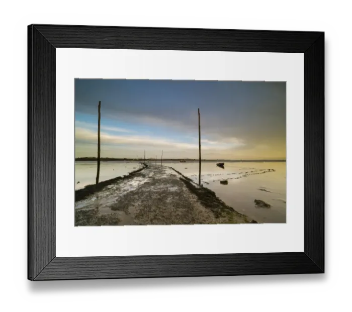 Framed Print : View of causeway and slipway at sunrise, Harty Ferry Causeway, Oare Creek, Oare, Faversham, North Kent, England Framed Print : View of causeway and slipway at sunrise, Harty Ferry Causeway, Oare Creek, Oare, Faversham, North Kent, England