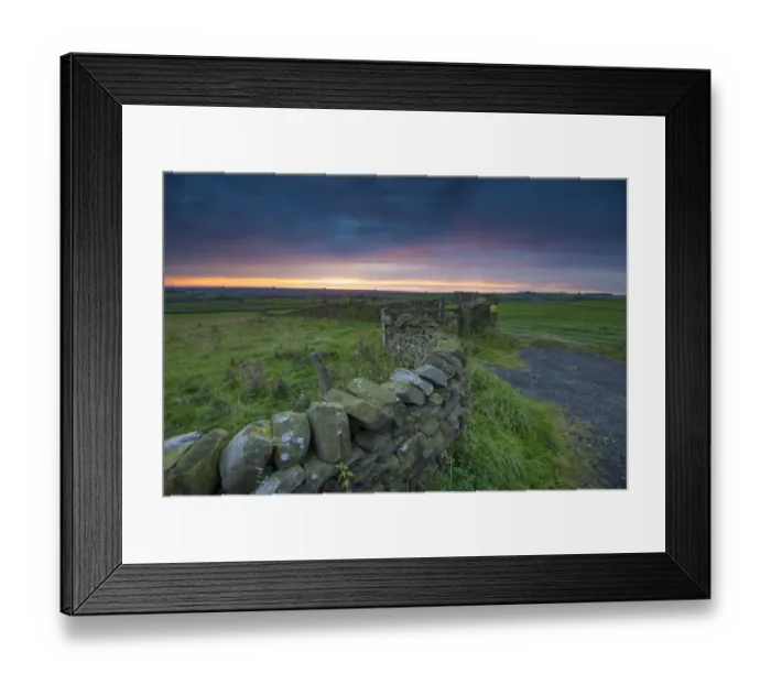 Framed Print : View of drystone walls and gates in farmland on coastal plain at sunset, looking towards Morecambe Bay, The Fylde Framed Print : View of drystone walls and gates in farmland on coastal plain at sunset, looking towards Morecambe Bay, The Fylde