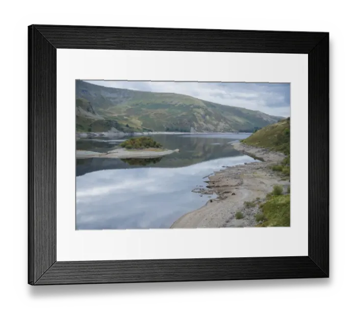 Framed Print : View of upland reservoir with low water level and remains of submerged village exposed after dry summer, Mardale Green Framed Print : View of upland reservoir with low water level and remains of submerged village exposed after dry summer, Mardale Green