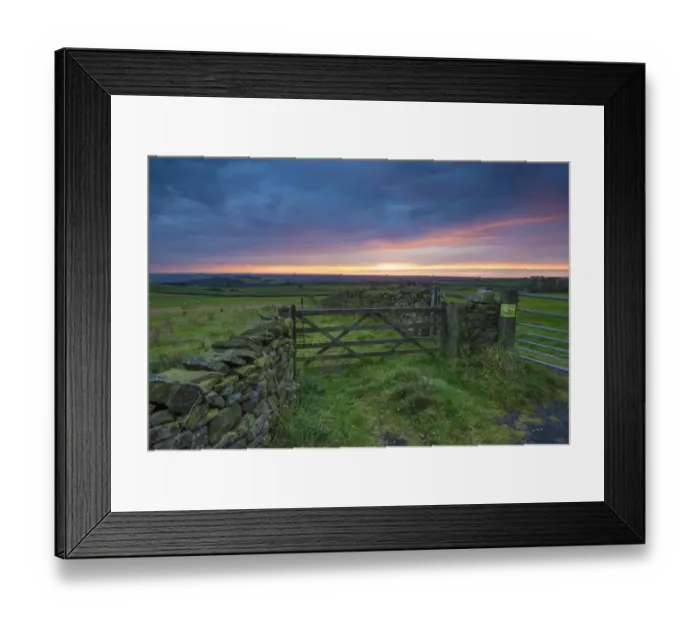 Framed Print : View of drystone walls and gates in farmland on coastal plain at sunset, looking towards Morecambe Bay, The Fylde Framed Print : View of drystone walls and gates in farmland on coastal plain at sunset, looking towards Morecambe Bay, The Fylde