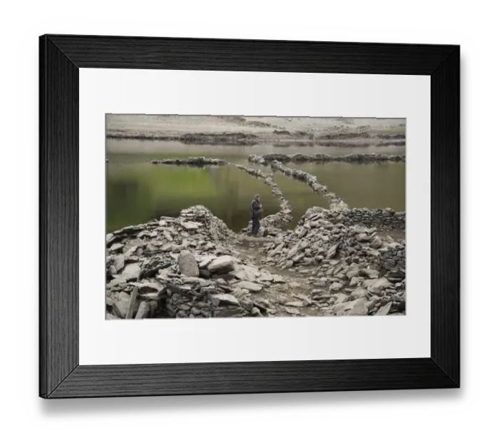 Framed Print : Upland reservoir with low water level and remains of submerged village exposed after dry summer, Mardale Green Framed Print : Upland reservoir with low water level and remains of submerged village exposed after dry summer, Mardale Green