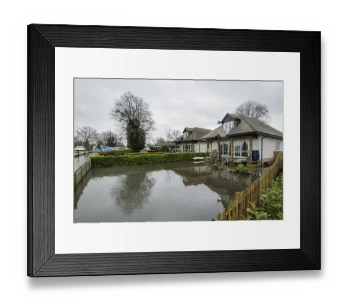 Framed Print : Floodwater in house garden during river flood, River Thames, Chertsey, Surrey, England, February 2014 Framed Print : Floodwater in house garden during river flood, River Thames, Chertsey, Surrey, England, February 2014