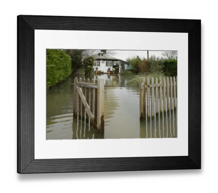 Framed Print : Floodwater in house garden during river flood, River Thames, Chertsey, Surrey, England, February 2014 Framed Print : Floodwater in house garden during river flood, River Thames, Chertsey, Surrey, England, February 2014