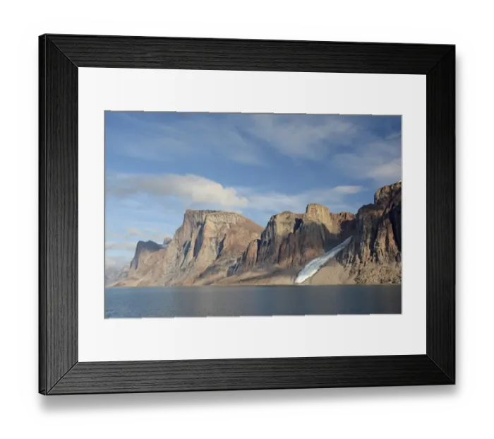 Framed Print : View of coastline with mountains and glacier, Baffin island, Nunavut, Canada, August Framed Print : View of coastline with mountains and glacier, Baffin island, Nunavut, Canada, August