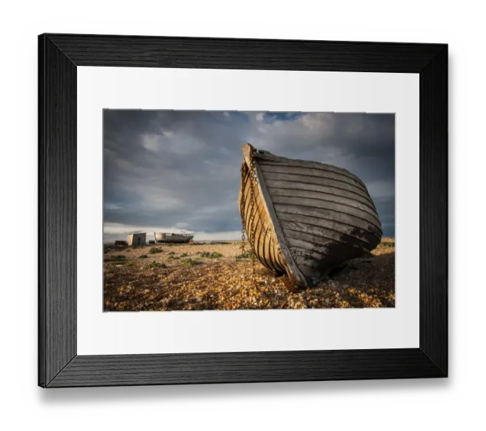Framed Print : Abandoned fishing boats on shingle beach, Dungeness, Kent, England, April Framed Print : Abandoned fishing boats on shingle beach, Dungeness, Kent, England, April