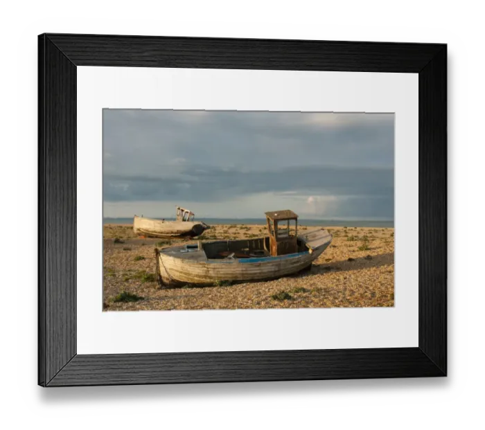 Framed Print : Abandoned fishing boats on shingle beach, Dungeness, Kent, England, April Framed Print : Abandoned fishing boats on shingle beach, Dungeness, Kent, England, April