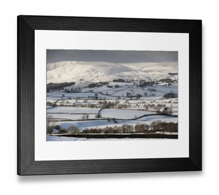 Framed Print : View of snow covered farmland with drystone walls and distant fells, near Shap, Cumbria, England, January Framed Print : View of snow covered farmland with drystone walls and distant fells, near Shap, Cumbria, England, January