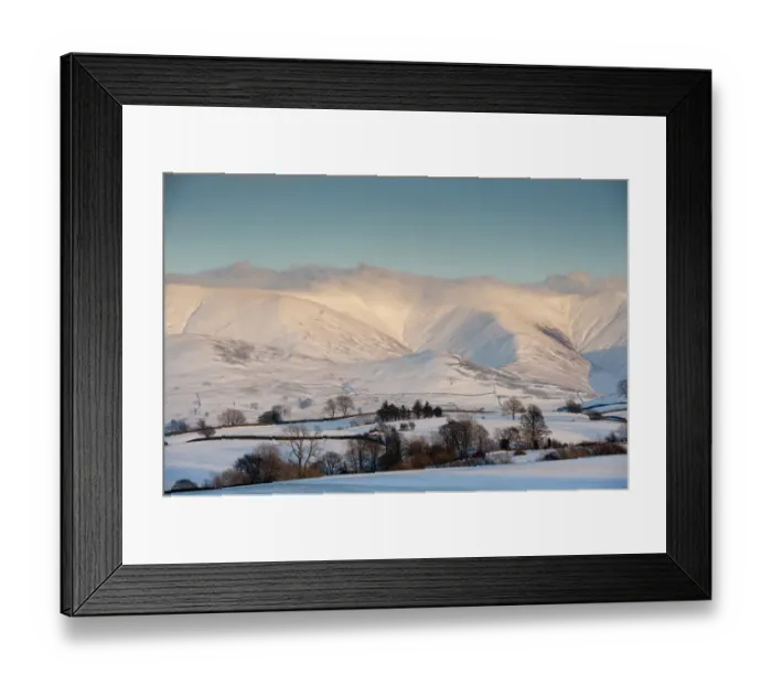 Framed Print : View of snow covered farmland and fells in evening sunlight, Howgill Fells, Cumbria, England, January Framed Print : View of snow covered farmland and fells in evening sunlight, Howgill Fells, Cumbria, England, January