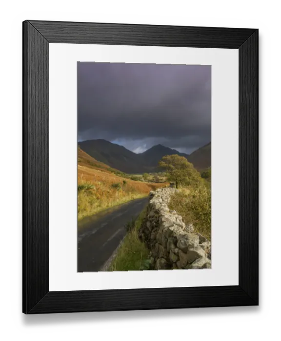 Framed Print : View of drystone wall at roadside in upland valley, with Red Pike Peak in background, Wasdale, Lake District N. P