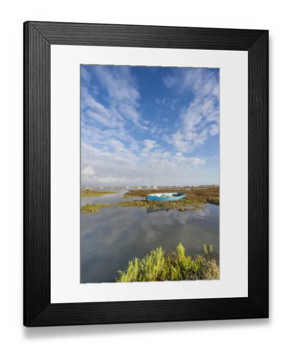 Framed Print : View of estuary saltmarsh habitat and boats with rising tide, Brancaster Staithe, Norfolk, England, September Framed Print : View of estuary saltmarsh habitat and boats with rising tide, Brancaster Staithe, Norfolk, England, September