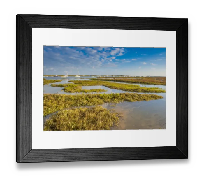 Framed Print : View of estuary saltmarsh habitat and boats with rising tide, Brancaster Staithe, Norfolk, England, September Framed Print : View of estuary saltmarsh habitat and boats with rising tide, Brancaster Staithe, Norfolk, England, September
