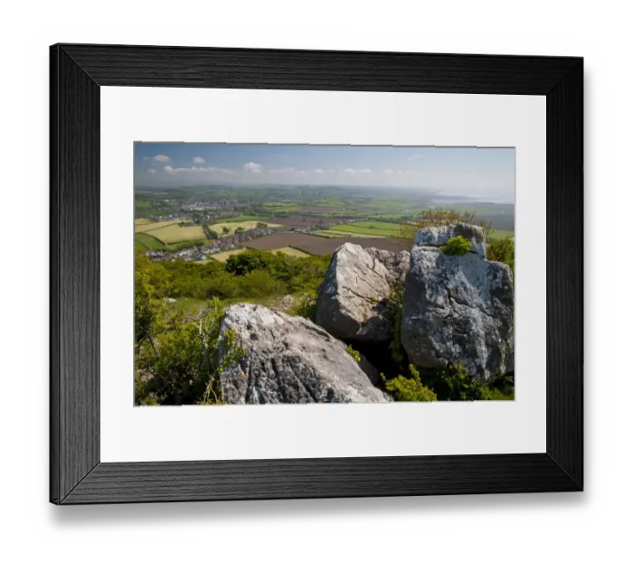 Framed Print : View towards Carnforth and Morecambe Bay from top of limestone hill, Warton Crag, Lancashire, England, May Framed Print : View towards Carnforth and Morecambe Bay from top of limestone hill, Warton Crag, Lancashire, England, May