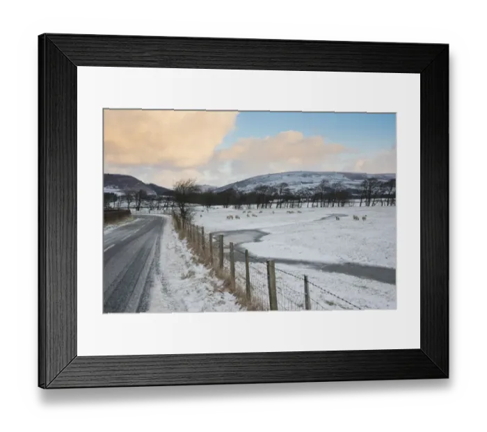Framed Print : View of snow covered road and pasture with grazing sheep, Dunsop Bridge, Forest of Bowland, Lancashire, England Framed Print : View of snow covered road and pasture with grazing sheep, Dunsop Bridge, Forest of Bowland, Lancashire, England