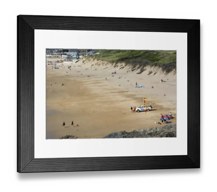 Framed Print : View of sandy beach with RNLI Lifeguards on standby, Fistral Beach, Fistral Bay, Newquay, Cornwall, England, July Framed Print : View of sandy beach with RNLI Lifeguards on standby, Fistral Beach, Fistral Bay, Newquay, Cornwall, England, July