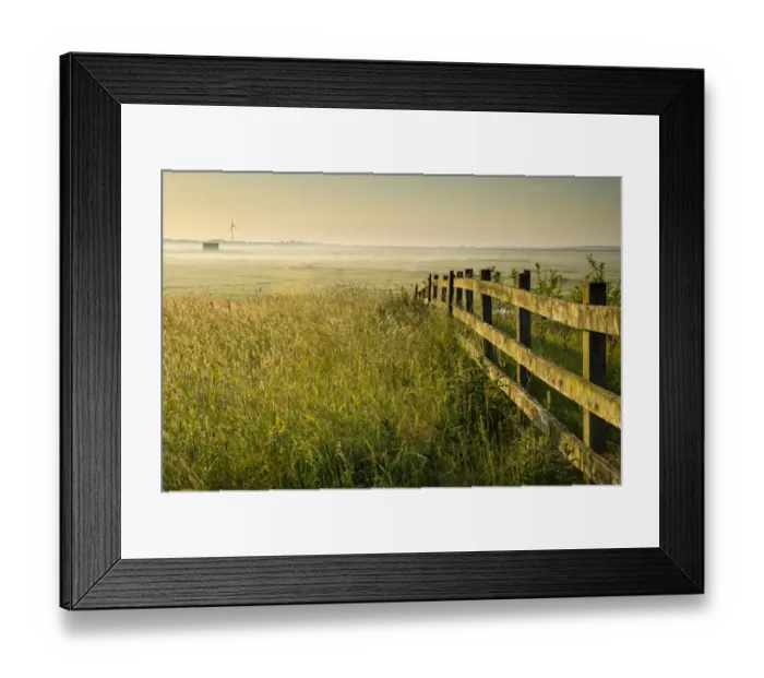 Framed Print : View of coastal grazing marsh at sunrise, Elmley Marshes N. N. R. North Kent Marshes, Isle of Sheppey, Kent, England