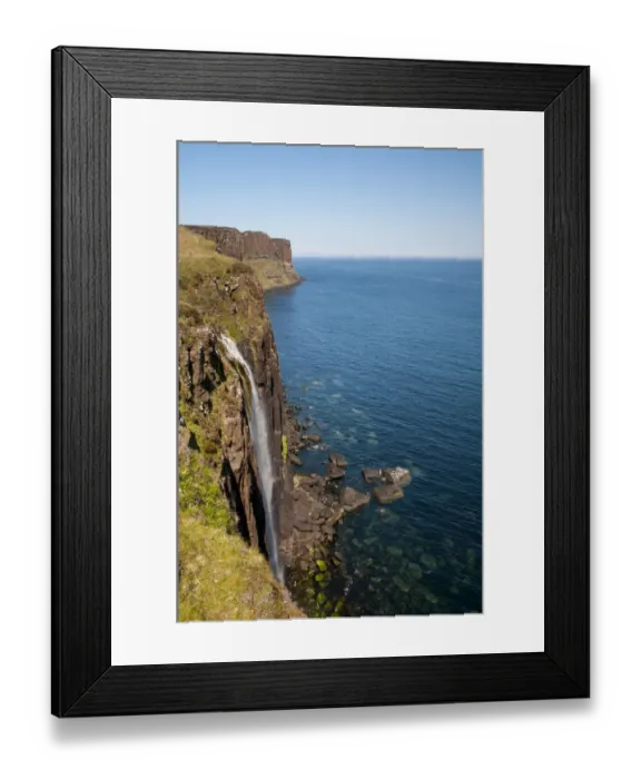 Framed Print : View of coastline with waterfall tumbling over cliffs into sea, with Kilt Rock in background, Mealt Falls Framed Print : View of coastline with waterfall tumbling over cliffs into sea, with Kilt Rock in background, Mealt Falls