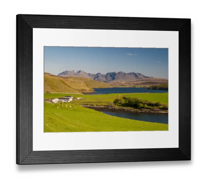 Framed Print : View of coastline with farm buildings and sea loch, Loch Harport, Gesto Bay, Minginish Peninsula, Isle of Skye Framed Print : View of coastline with farm buildings and sea loch, Loch Harport, Gesto Bay, Minginish Peninsula, Isle of Skye