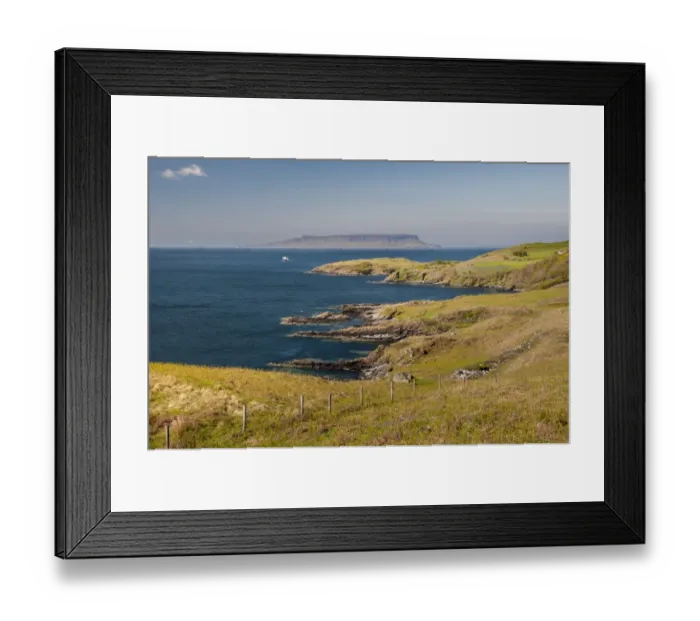 Framed Print : View of coastline and distant island, looking towards Eigg, Small Isles, across Sound of Sleat from Aird of Sleat Framed Print : View of coastline and distant island, looking towards Eigg, Small Isles, across Sound of Sleat from Aird of Sleat